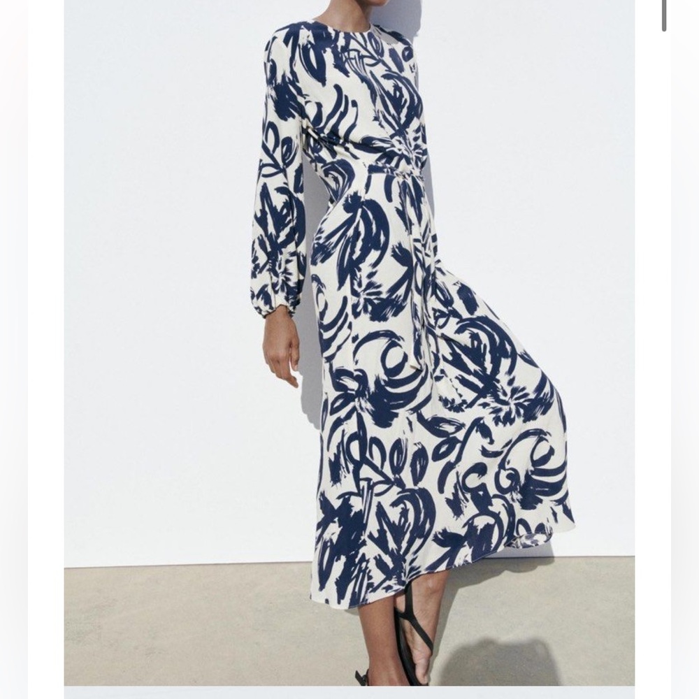 ZARA Navy and White Floral Maxi Dress, M